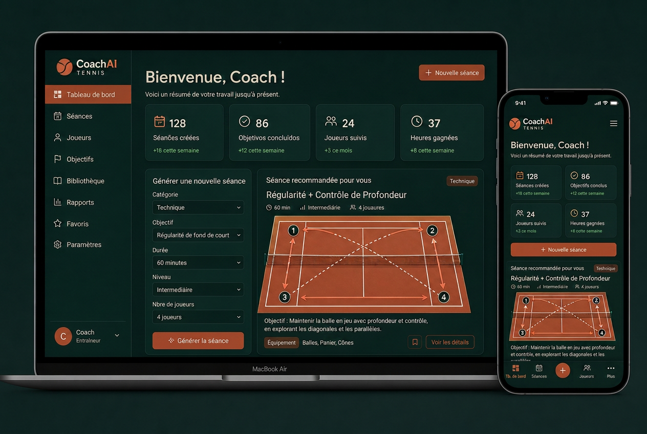 Maquette du générateur de séances CoachAI Tennis construisant une session structurée