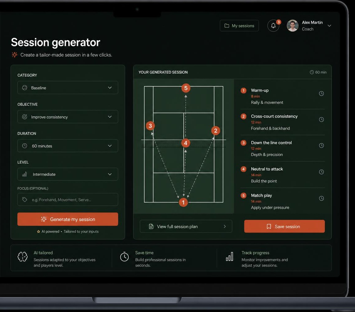 Écran du générateur de séances CoachAI Tennis