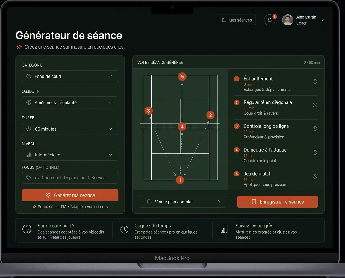 Écran du générateur de séances CoachAI Tennis